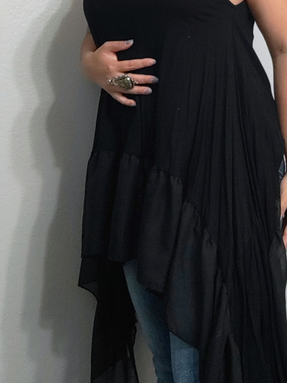 A'Reve Black Sleeveless Ruffled Hem Tank